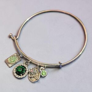 Boho Silver Tone Charm Bangle Bracelet Green Rhinestone Adjustable Bracelet